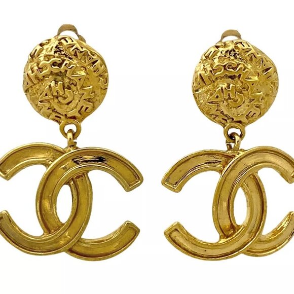 CHANEL CC Logos Dangle Vintage Clip-On Earrings Gold Tone 95A Auth w/Box #20240 - Picture 1 of 16